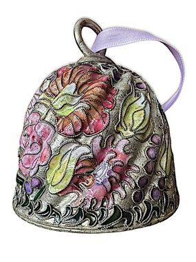 Vintage Silver-tone Cloisonne Champleve Enamel Floral Bell Ornament 4" Christmas